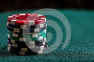 Stack of casino chips on a green felt table.