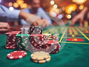 Stack of casino chips or poker chips on gambling table in ground casino.