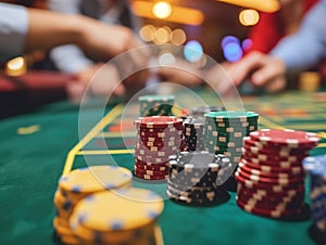 Stack of casino chips or poker chips on gambling table in ground casino photo