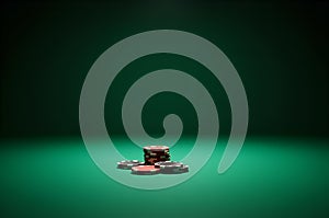 Stack of casino poker chips on a green felt table surface