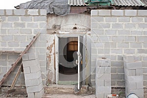 Stack of cement blocks at the construction site. cinder blocks background.