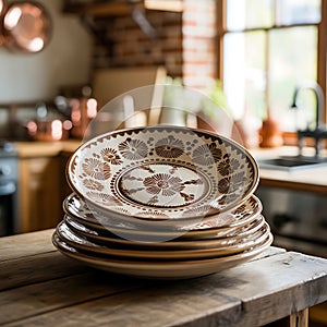 Stack of ceramic plates with brown floral pattern on wooden table