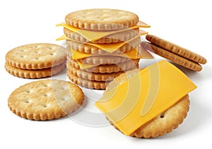 Stack of cheese crackers isolated on white background