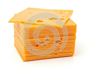Stack of cheese slices isolated on white background