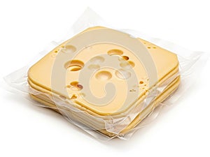 Stack of cheese slices isolated on white background