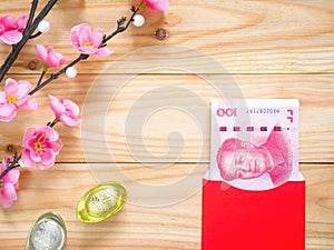 Stack of Chinese yuan money in red envelope or red packet