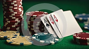 Stack of chips and aces on the table on the green baize - poker game concept. Generative AI