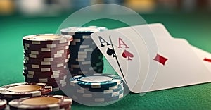 Stack of chips and two aces on the table on the green baize - poker game concept. Generative AI