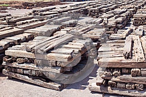 Stack of chock wood for train, construction site