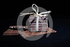 A stack of choclate bars packed as a gift