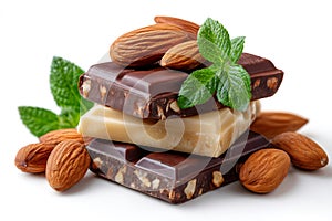 Stack of chocolate bars with almonds and mint leaves