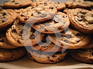 a stack of chocolate chip cookies with chocolate chips close to each other