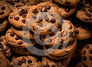 a stack of chocolate chip cookies with chocolate chips close to each other