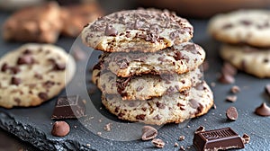 Stack of chocolate chip cookies with chocolate chunks and scattered pieces on dark surface