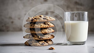 A stack of chocolate chip cookies and a glass of milk