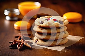 stack of chocolate chip cookies, sweet homemade pastries, traditional American cookies, wooden