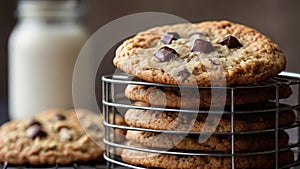 A stack of chocolate chip cookies on a wire rack next to a glass of milk