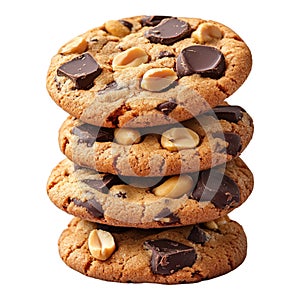 A stack of chocolate chips with peanuts isolated on a transparent background perfect for food dessert or snackthemed designs