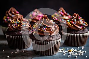 stack of chocolate cupcakes, decorated with swirls of frosting and sprinkles