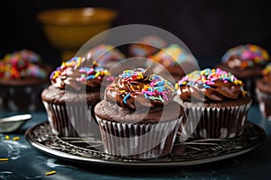 stack of chocolate cupcakes, decorated with swirls of frosting and sprinkles