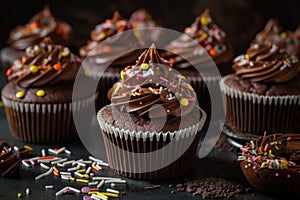 stack of chocolate cupcakes, decorated with swirls of frosting and sprinkles