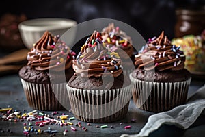stack of chocolate cupcakes, decorated with swirls of frosting and sprinkles