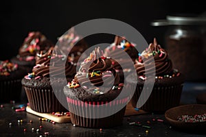 stack of chocolate cupcakes, decorated with swirls of frosting and sprinkles