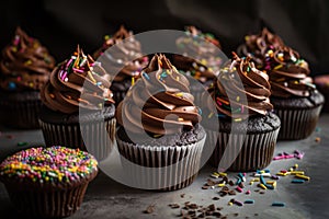 stack of chocolate cupcakes, decorated with swirls of frosting and sprinkles