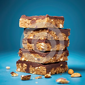 Stack of chocolate peanut butter bars on a blue background