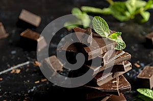 Stack of chocolate pieces with a leaf of mint on dark background