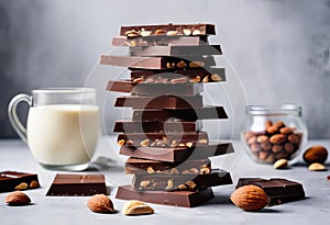 A stack of chocolate slices with hazelnuts and almonds on top, with a chunk of broken chocolate in the foreground