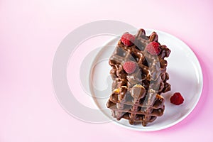 Stack of chocolate waffles with berries. Close up and pink background