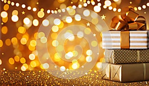 Stack of Christmas gift boxes against golden lights garland and bokeh background. Holiday greeting card