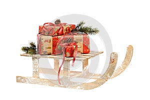 Stack of Christmas wrapped gifts with red bow, pine twigs and pine cones on a vintage wooden sledge, isolated on white. Christmas