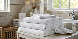 Stack of Clean Bedding Sheets on Table in Bathroom