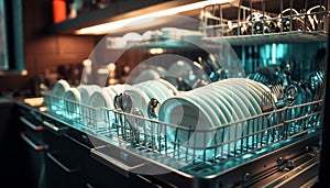 Stack of clean crockery in modern dishwasher generated by AI