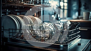 Stack of clean crockery in modern dishwasher generated by AI