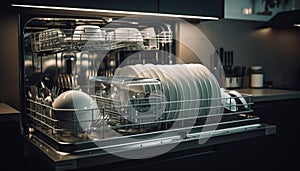 Stack of clean crockery in modern kitchen generated by AI