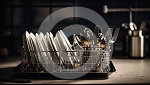 Stack of clean crockery and silverware in modern kitchen dishwasher generated by AI