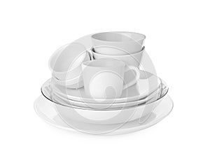 Stack of clean dishware isolated on white