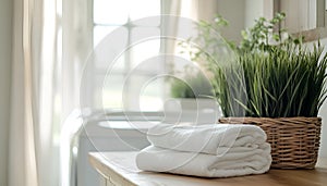 Stack of clean folded laundry bedding sheets on wooden table in blurred bathroom interior