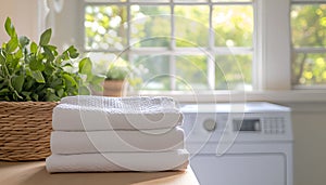 Stack of clean folded laundry bedding sheets on wooden table in blurred bathroom interior