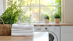 Stack of clean folded laundry bedding sheets on wooden table in blurred bathroom interior