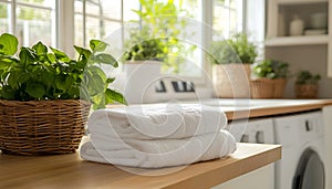 Stack of clean folded laundry bedding sheets on wooden table in blurred bathroom interior