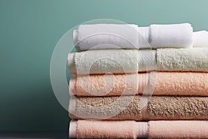 Stack of clean folded white beige terry towels on gray wall background. Laundry spa wellness cleanliness concept