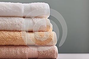 Stack of clean folded white beige terry towels on gray wall background. Laundry spa wellness cleanliness concept