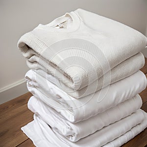 Stack of clean freshly laundered, neatly folded women\'s clothes on wooden table.