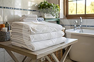 Stack of clean laundry bedding sheets on bathroom table