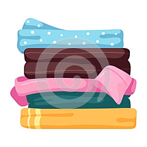 Stack of clean multicolored laundry vector flat illustration. Pile clothes neat folded after washing