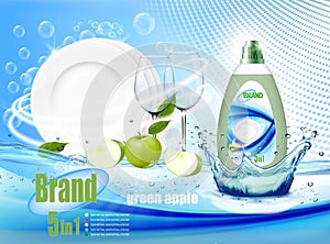 Stack of clean plates and two glasses in soap foam and bubblies with cleanser bottle with a green apple.